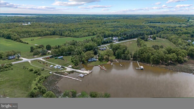 birds eye view of property with a forest view and a water view