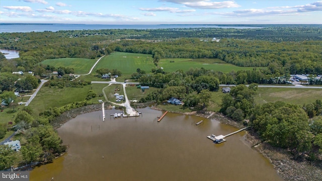 drone / aerial view with a view of trees and a water view