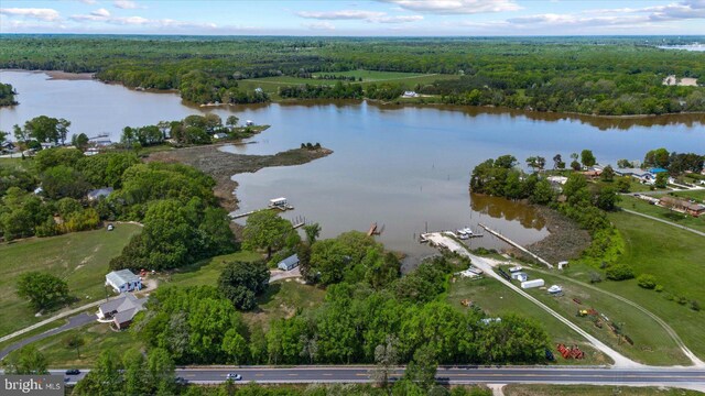 aerial view featuring a forest view and a water view