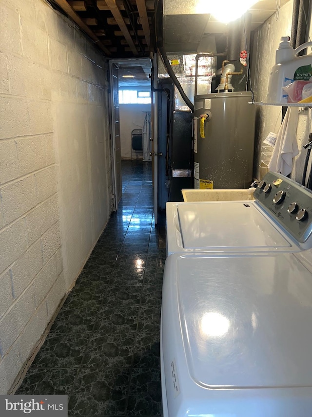 washroom with water heater and heating unit