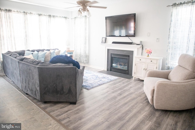 10861 Smugglers Notch Ct, White Plains, MD 20695 - living room featuring ceiling fan, plenty of natural light, wood finished floors, and a fireplace with flush hearth