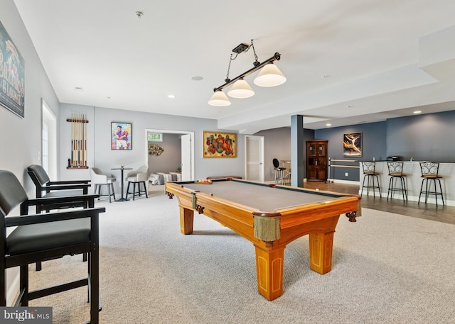 game room with pool table, carpet, and recessed lighting