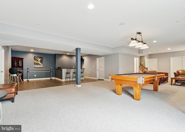 game room with baseboards, carpet flooring, recessed lighting, and pool table