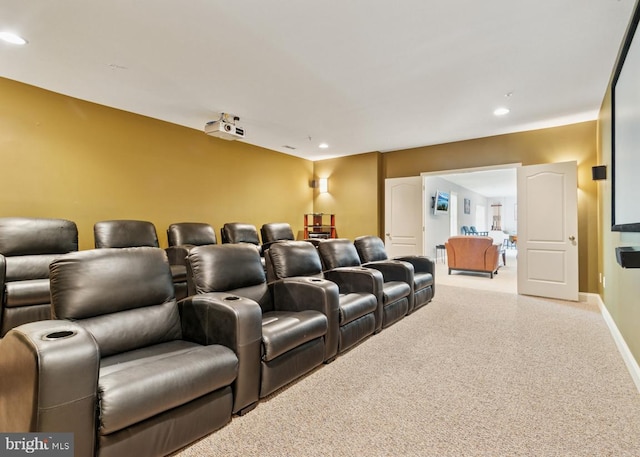 cinema featuring baseboards, carpet floors, and recessed lighting