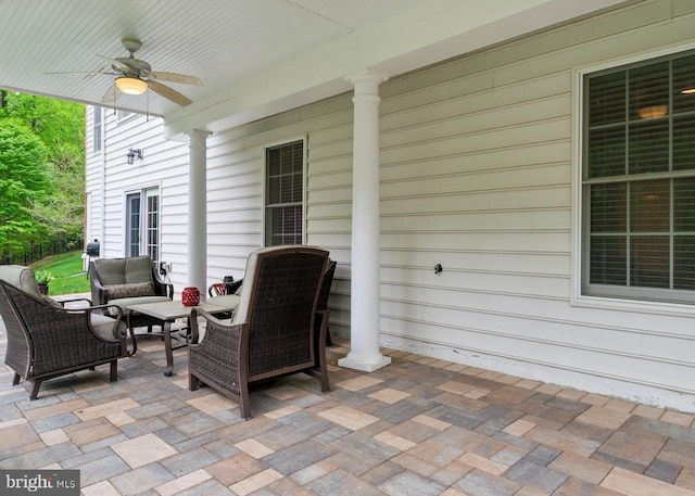 view of patio featuring ceiling fan and an outdoor hangout area
