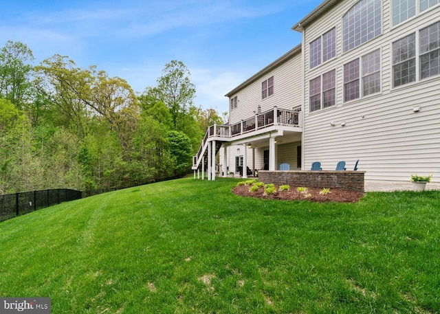 view of yard featuring fence and a deck