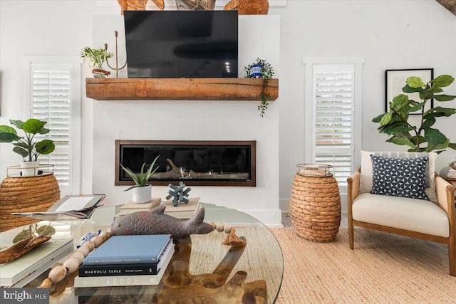 living room with a glass covered fireplace