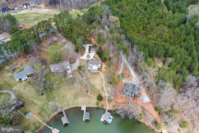 birds eye view of property featuring a water view and a view of trees