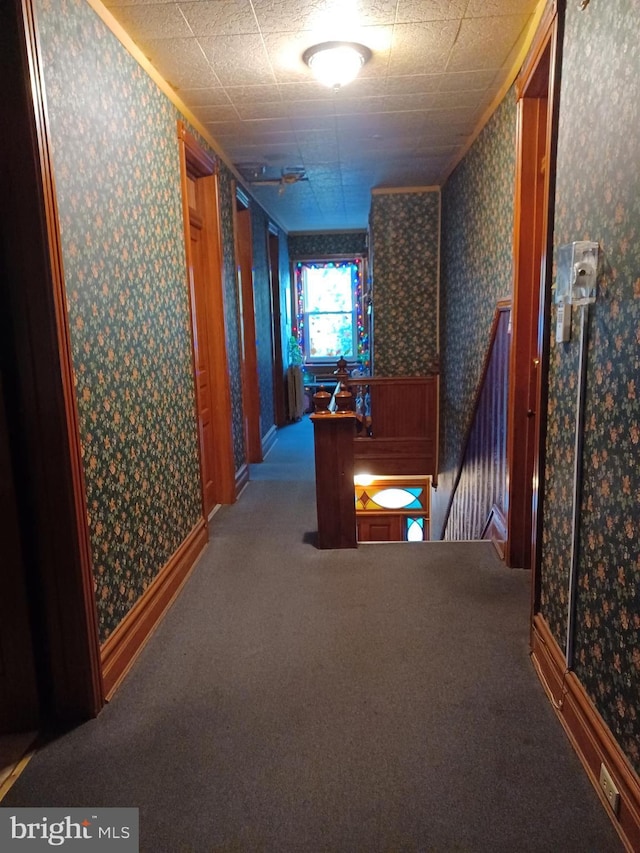 120 Arch St, Catasauqua, PA 18032 - hall with carpet floors, an upstairs landing, and wallpapered walls