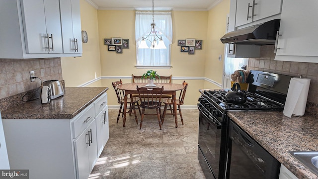 kitchen featuring crown molding, baseboards, under cabinet range hood, and black appliances