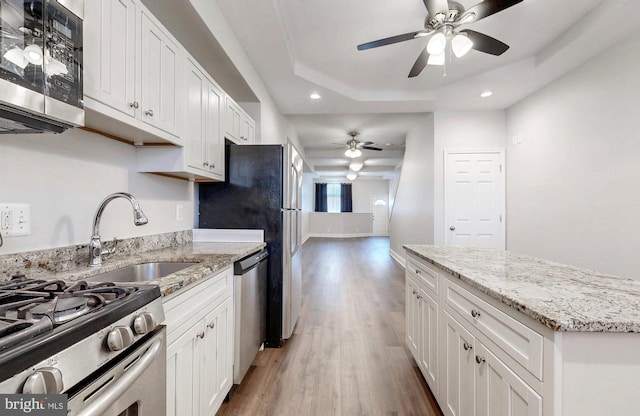 kitchen featuring a raised ceiling, a ceiling fan, recessed lighting, wood finished floors, and stainless steel appliances