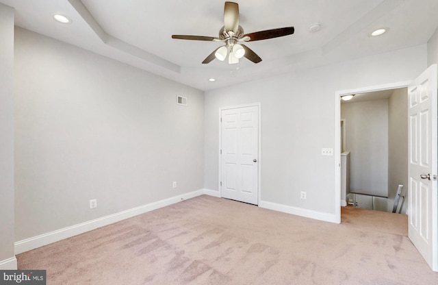 unfurnished bedroom with visible vents, baseboards, ceiling fan, carpet floors, and recessed lighting
