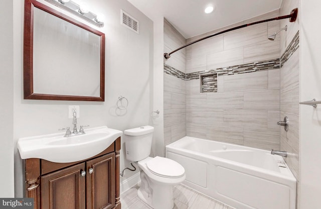 full bathroom featuring visible vents, toilet, shower / bathing tub combination, recessed lighting, and vanity