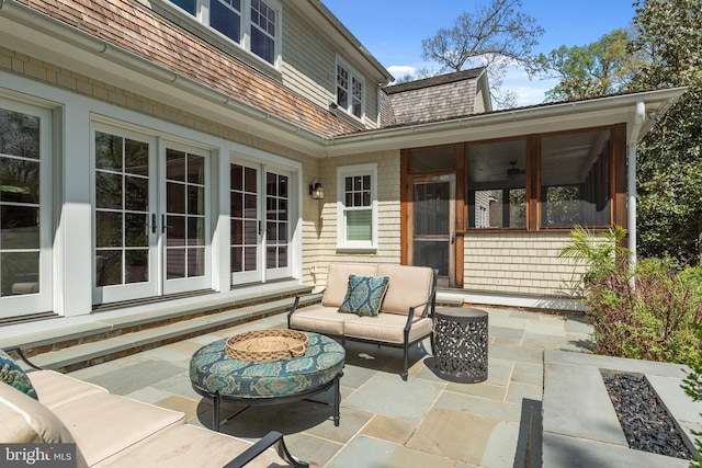 208 Wardour Dr, Annapolis, MD 21401 - view of patio featuring french doors, a sunroom, ceiling fan, and an outdoor living space