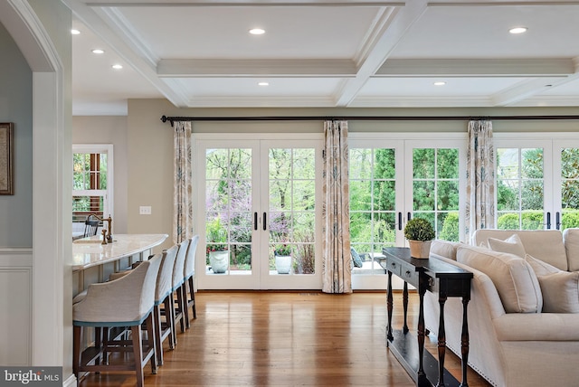 208 Wardour Dr, Annapolis, MD 21401 - doorway to outside with wood finished floors, arched walkways, french doors, beamed ceiling, and recessed lighting