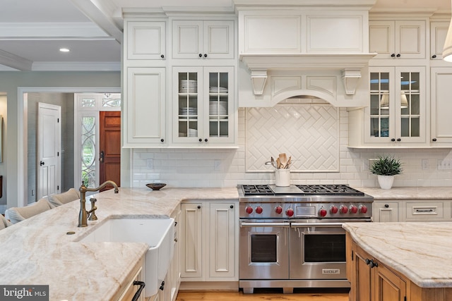 208 Wardour Dr, Annapolis, MD 21401 - kitchen with crown molding, a sink, backsplash, range with two ovens, and light stone countertops