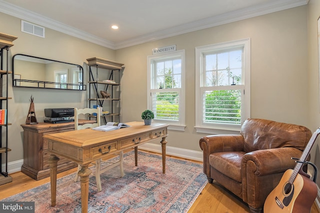 208 Wardour Dr, Annapolis, MD 21401 - office area with light wood-type flooring, visible vents, recessed lighting, and ornamental molding