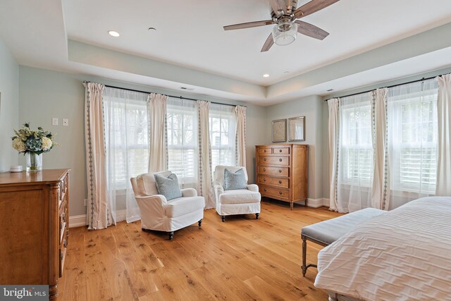 208 Wardour Dr, Annapolis, MD 21401 - bedroom with a ceiling fan, light wood finished floors, a raised ceiling, baseboards, and recessed lighting