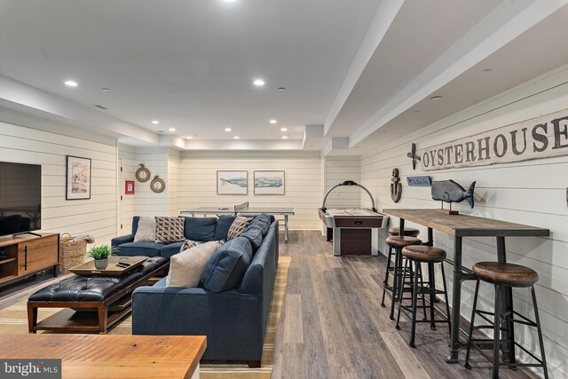 208 Wardour Dr, Annapolis, MD 21401 - living area featuring recessed lighting, wood finished floors, and wood walls