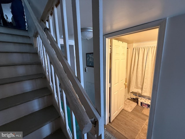 stairs featuring wood finished floors
