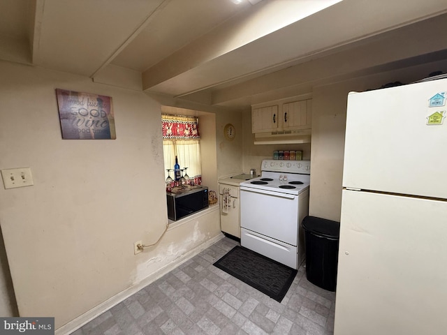 kitchen featuring baseboards, white appliances, light countertops, brick patterned floor, and under cabinet range hood