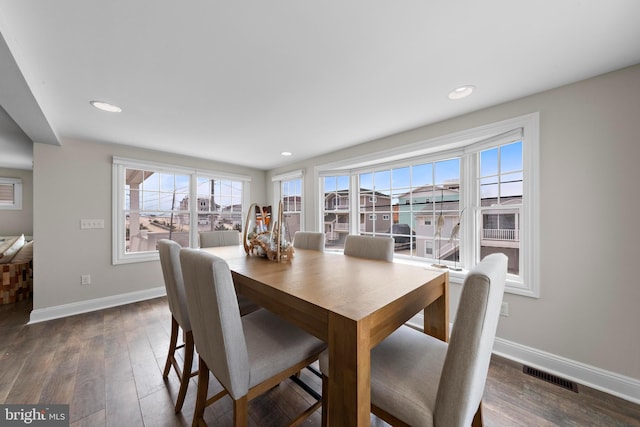 dining area featuring baseboards, dark wood finished floors, visible vents, and recessed lighting
