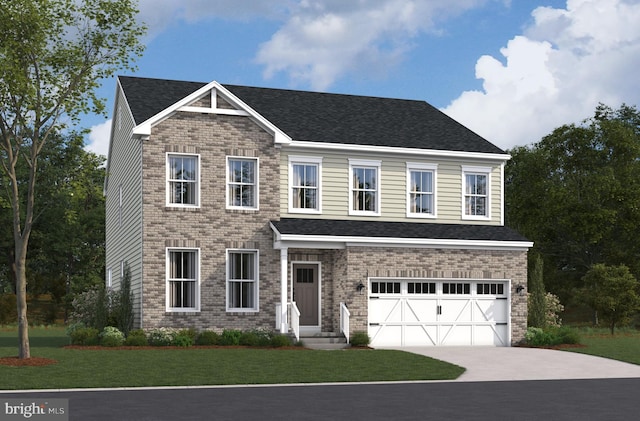 view of front of property featuring an attached garage, driveway, a front lawn, and brick siding