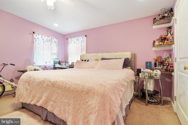 bedroom featuring light carpet, baseboards, a ceiling fan, and recessed lighting