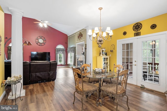 1 Pinkerton Ct, Stafford, VA 22554 - dining room with french doors, vaulted ceiling, wood finished floors, ornate columns, and a chandelier