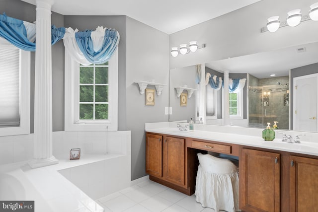 1 Pinkerton Ct, Stafford, VA 22554 - bathroom featuring decorative columns, a shower stall, tile patterned flooring, and double vanity