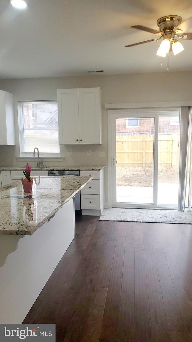 kitchen featuring dark wood-style flooring, a ceiling fan, white cabinets, light stone countertops, and a sink
