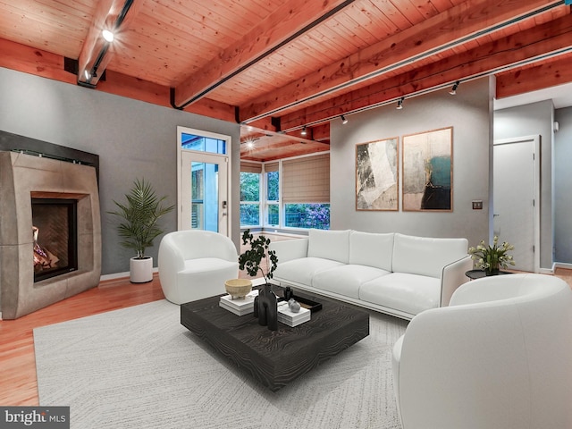 3411 Woodberry Ave, Baltimore, MD 21211 - living area featuring a tiled fireplace, beam ceiling, rail lighting, and wooden ceiling