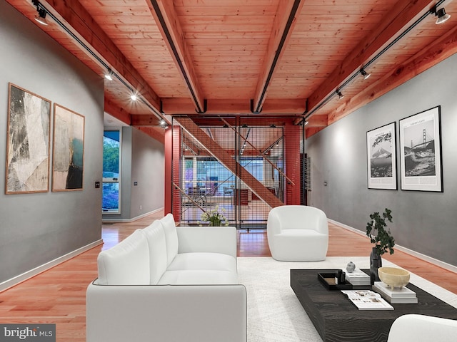 3411 Woodberry Ave, Baltimore, MD 21211 - living room featuring wood ceiling, wood finished floors, and rail lighting
