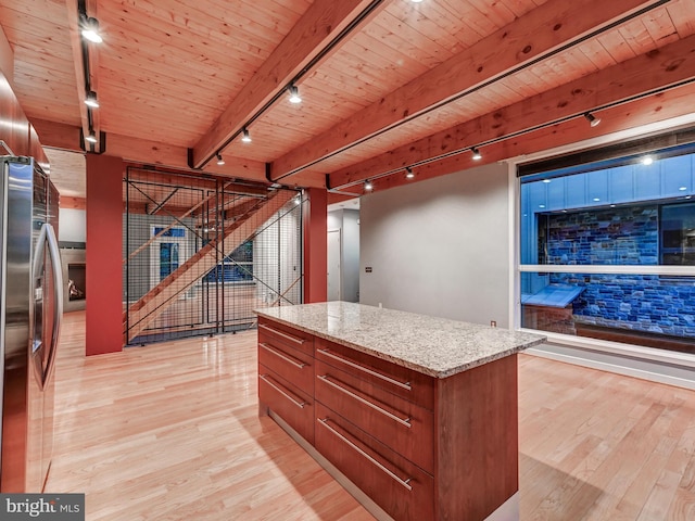 3411 Woodberry Ave, Baltimore, MD 21211 - interior space with wood ceiling, rail lighting, light wood-type flooring, and stainless steel refrigerator with ice dispenser