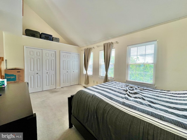 bedroom featuring vaulted ceiling, two closets, and carpet flooring