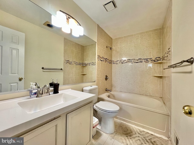 full bath with toilet, visible vents, tile patterned flooring, vanity, and tub / shower combination
