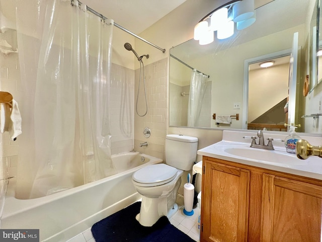 bathroom featuring vanity, toilet, shower / bathtub combination with curtain, and tile patterned floors