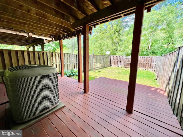 wooden deck with central AC, a yard, and a fenced backyard