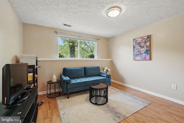 living room with wood finished floors, baseboards, and a textured ceiling