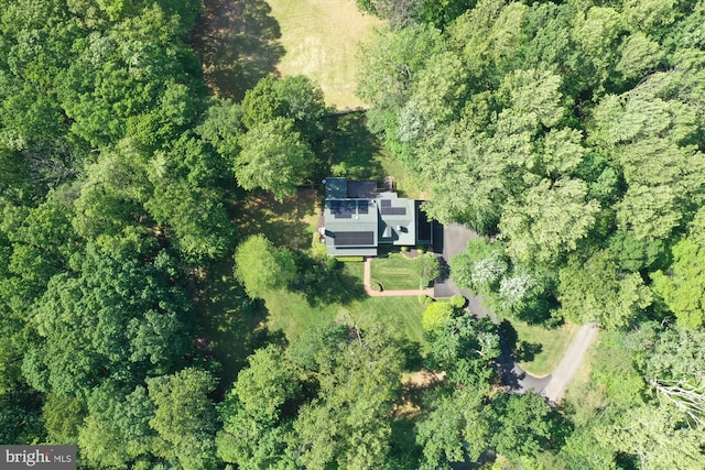 aerial view of property's location featuring a forest