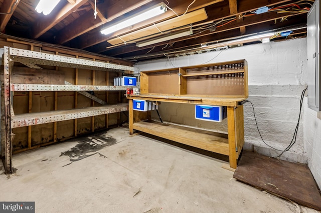 unfinished basement with a workshop area