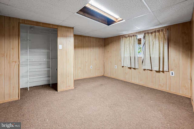 below grade area with wooden walls and carpet floors