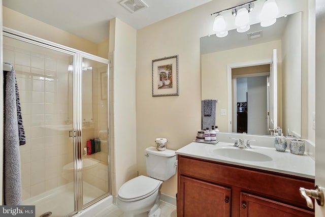 full bathroom featuring a shower stall, visible vents, and toilet