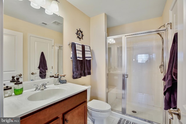 full bath featuring a shower stall, toilet, vanity, and visible vents