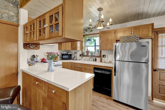 kitchen featuring light wood-style floors, light countertops, black appliances, and wood ceiling