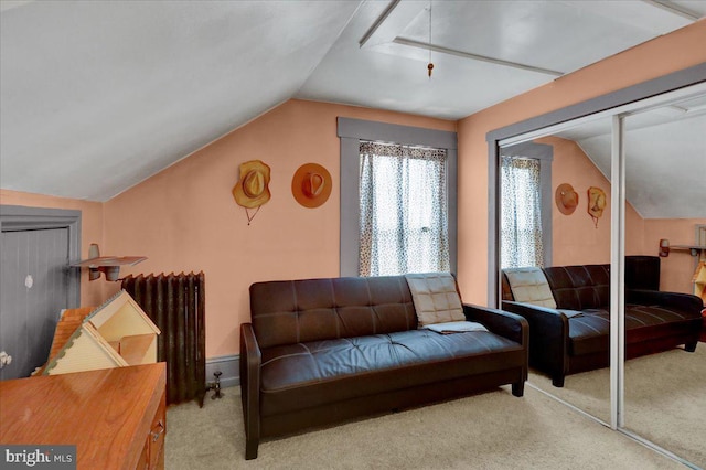 living area featuring carpet, attic access, radiator, and lofted ceiling