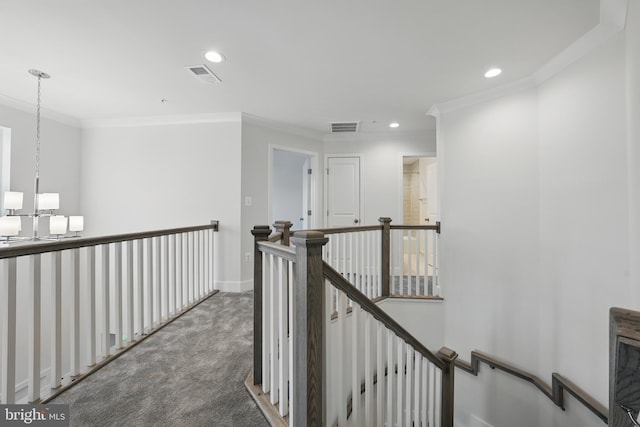 8504 Wendy St, Clinton, MD 20735 - hall with a chandelier, an upstairs landing, ornamental molding, carpet, and recessed lighting