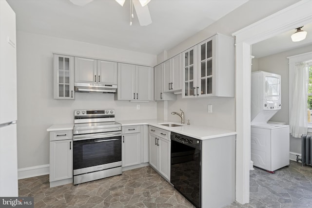 33 S Brighton Ave, Upper Darby, PA 19082 - kitchen featuring stainless steel range with electric cooktop, a sink, dishwasher, stacked washer / dryer, and under cabinet range hood