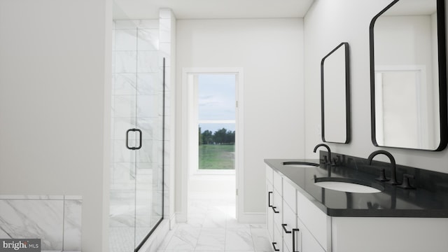43290 Farringdon Sq, Broadlands, VA 20148 - full bath with marble look tiles, double vanity, a stall shower, and baseboards