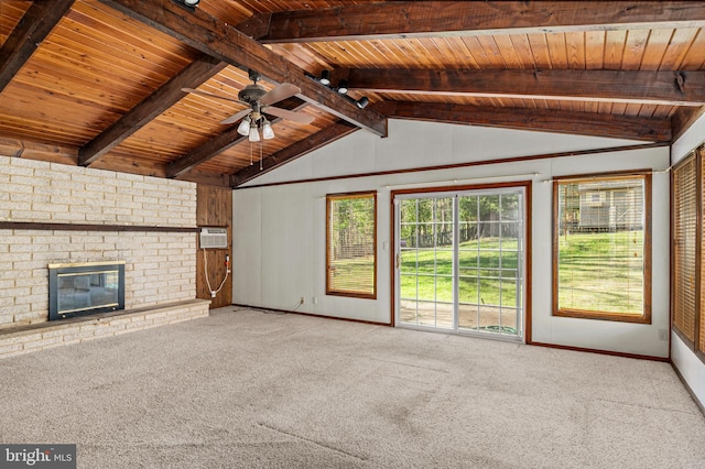 unfurnished living room with wooden ceiling, vaulted ceiling with beams, and carpet floors